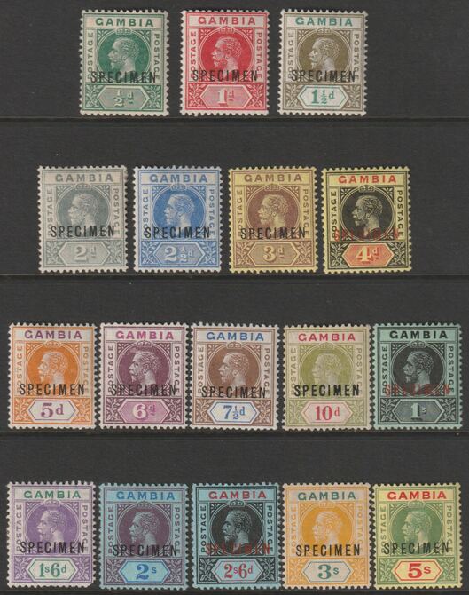 GAMBIA 1912 KGV MCA set of 17 overprinted SPECIMEN mainly fine and only about 450 produced SG 86s-102s, stamps on xxx