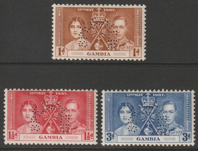 GAMBIA 1937 Coronation set of 3 perforated SPECIMEN fine with gum and only 421 sets produced SG 147s-149s, stamps on 