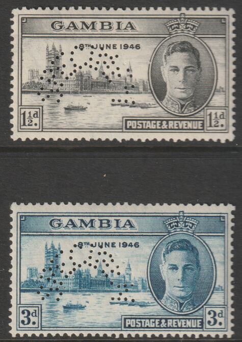 GAMBIA 1946 VICTORY set of 2 perforated SPECIMEN mainly fine and only 426 produced SG 162s-163s, stamps on xxx