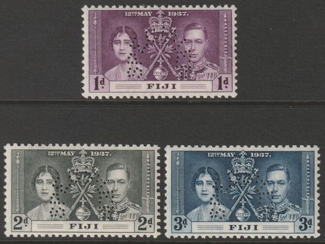 FIJI 1937 Coronation set of 3 perforated SPECIMEN fine with gum and only 421 sets produced SG 246s-248s, stamps on , stamps on  stamps on 