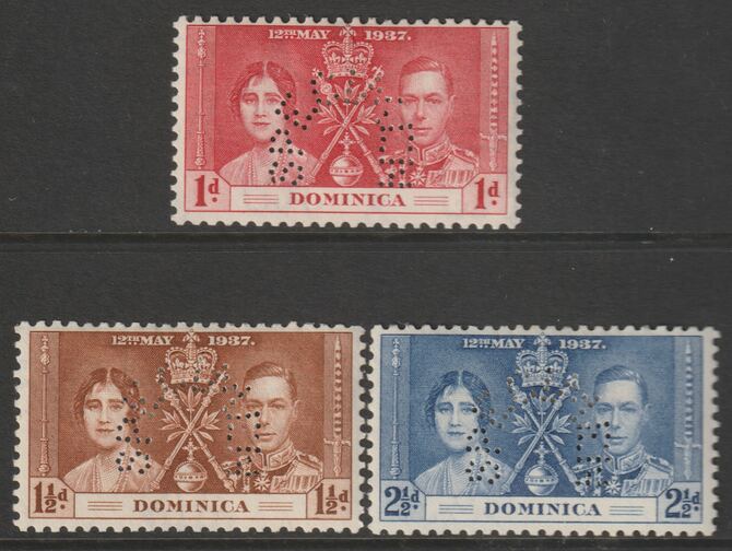 DOMINICA 1937 Coronation set of 3 perforated SPECIMEN fine with gum and only 421 sets produced SG 96s-98s, stamps on 