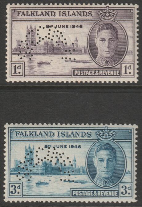FALKLAND ISLANDS 1946 VICTORY set of 2 perforated SPECIMEN mainly fine and only 426 produced SG 164s-165s, stamps on 