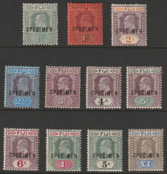 Fiji 1903 KE7 Crown CA set of 11 overprinted  SPECIMEN mainly fine and only about 750 sets produced SG 104s-114s, stamps on 