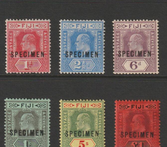 Fiji 1906 KE7 MCA set of 6 overprinted,SPECIMEN mainly fine and only about 450 sets produced SG 119s-124s, stamps on xxx