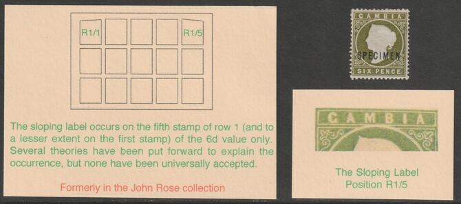 Gambia 1883 QV Crown CA 6d optd SPECIMEN fine with gum showing the SLOPING LABEL VARIETY ex John Rose collection, stamps on 