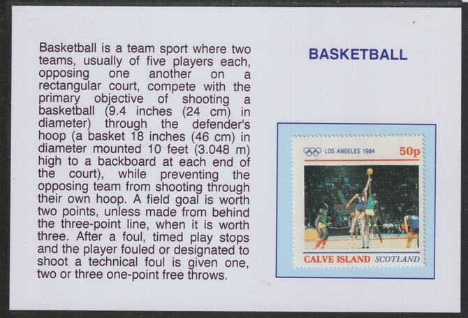 Calve Island 1984 Los Angeles Olympic Games - Basketball 50p mounted on glossy card with historical notes - privately produced 150mm x 100mm, stamps on olympics, stamps on sport, stamps on basketball