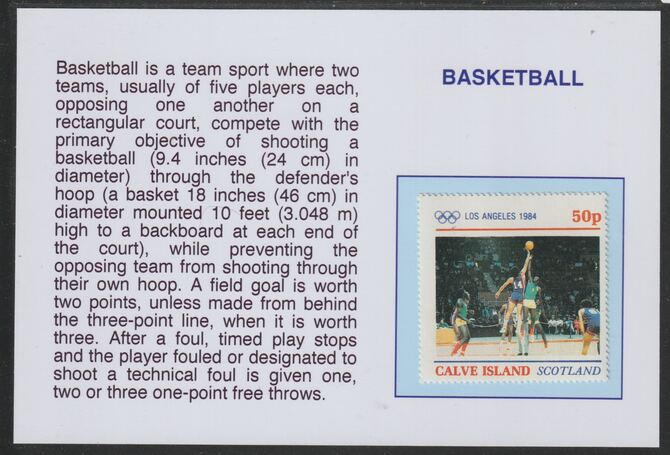 Calve Island 1984 Los Angeles Olympic Games - Basketball 50p mounted on glossy card with historical notes - privately produced 150mm x 100mm, stamps on , stamps on  stamps on olympics, stamps on  stamps on sport, stamps on  stamps on basketball