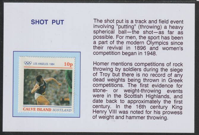 Calve Island 1984 Los Angeles Olympic Games - Shot Put 10p mounted on glossy card with historical notes - privately produced 150mm x 100mm, stamps on , stamps on  stamps on olympics, stamps on  stamps on sport, stamps on  stamps on shot