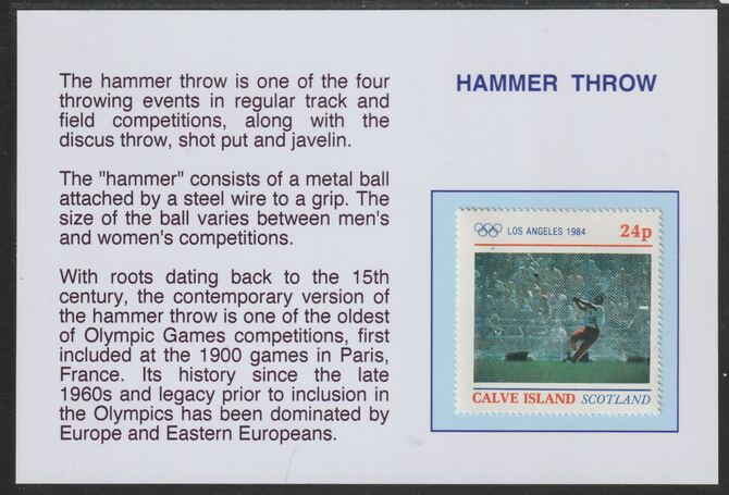 Calve Island 1984 Los Angeles Olympic Games - Hammer 24p mounted on glossy card with historical notes - privately produced 150mm x 100mm, stamps on , stamps on  stamps on olympics, stamps on  stamps on sport, stamps on  stamps on hammer