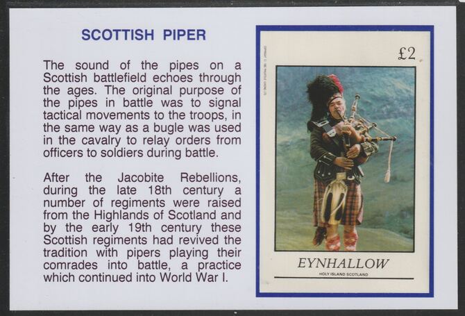 Eynhallow 1982 Scottish Piper £2 deluxe sheet mounted on glossy card with historical notes - privately produced 150mm x 100mm, stamps on cultures, stamps on uniforms, stamps on music, stamps on bagpipes