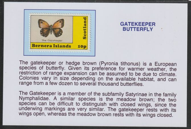 Bernera 1981 Butterflies - Gatekeeper 10p mounted on glossy card with descriptive notes - privately produced 150mm x 100mm, stamps on , stamps on  stamps on butterflies