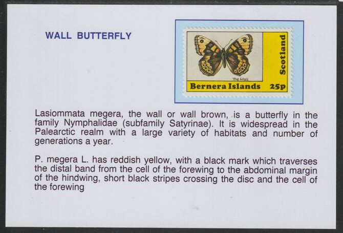 Bernera 1981 Butterflies - Wall Butterfly 25p mounted on glossy card with descriptive notes - privately produced 150mm x 100mm, stamps on butterflies