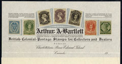 Canada - Arthur Bartlett sheet of notepaper with superb colour reproductions of 7 stamps, folded but superb, stamps on 
