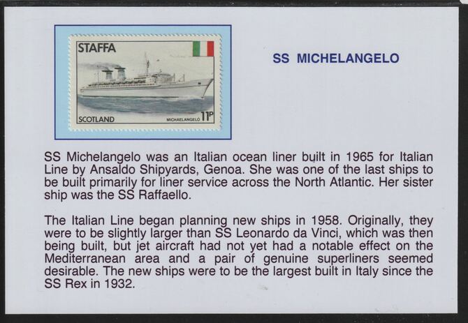 Staffa 1979 Liners & Flags - SS Michelangelo 11p mounted on glossy card with descriptive notes - privately produced 150mm x 100mm, stamps on , stamps on  stamps on ships, stamps on  stamps on flags