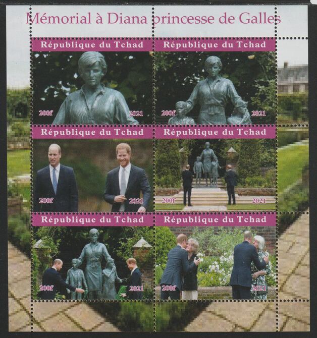 Chad 2021 Memorial to Princess Diana perf sheetlet containing  set of 6 values unmounted mint, privately produced offered purely on its thematic appeal, stamps on royalty, stamps on diana, stamps on william, stamps on harry, stamps on statues