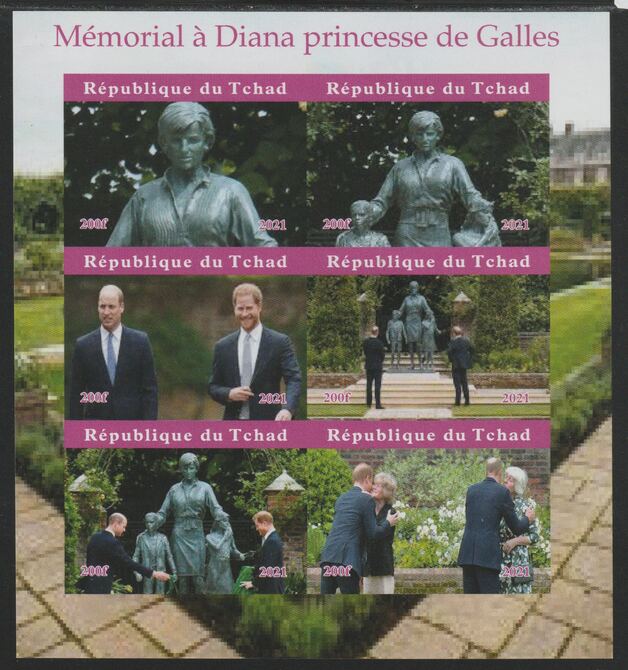 Chad 2021 Memorial to Princess Diana imperf sheetlet containing  set of 6 values unmounted mint, privately produced offered purely on its thematic appeal, stamps on , stamps on  stamps on royalty, stamps on  stamps on diana, stamps on  stamps on william, stamps on  stamps on harry, stamps on  stamps on statues