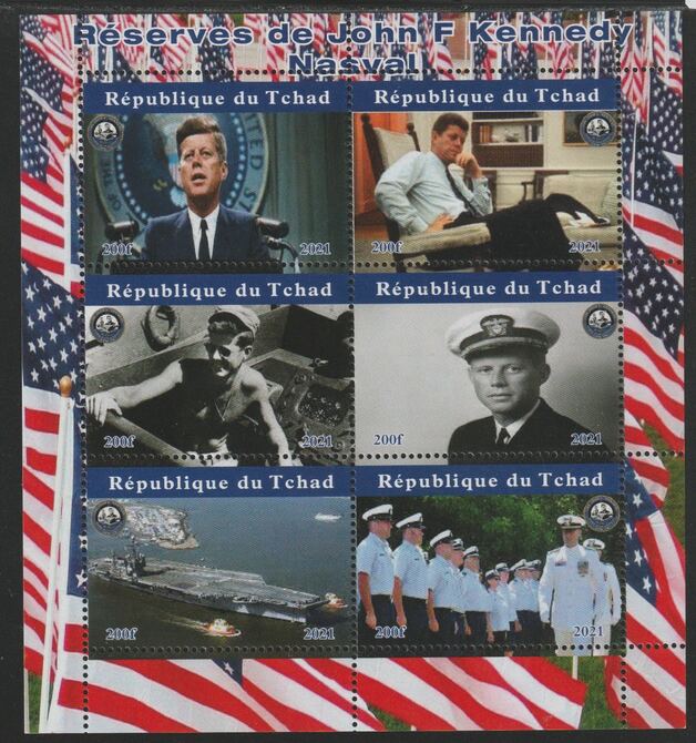 Chad 2021 John  Kennedy Naval Service perf sheetlet containing  set of 6 values unmounted mint, privately produced offered purely on its thematic appeal, stamps on , stamps on  stamps on personalities, stamps on  stamps on kennedy, stamps on  stamps on usa presidents, stamps on  stamps on ships, stamps on  stamps on flat tops, stamps on  stamps on 