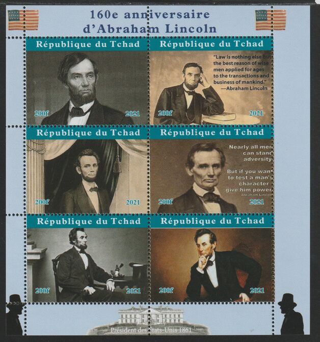 Chad 2021 Abraham Lincoln 160th Birth Anniversary perf sheetlet containing  set of 6 values unmounted mint, privately produced offered purely on its thematic appeal, stamps on personalities, stamps on lincoln, stamps on usa presidents, stamps on 