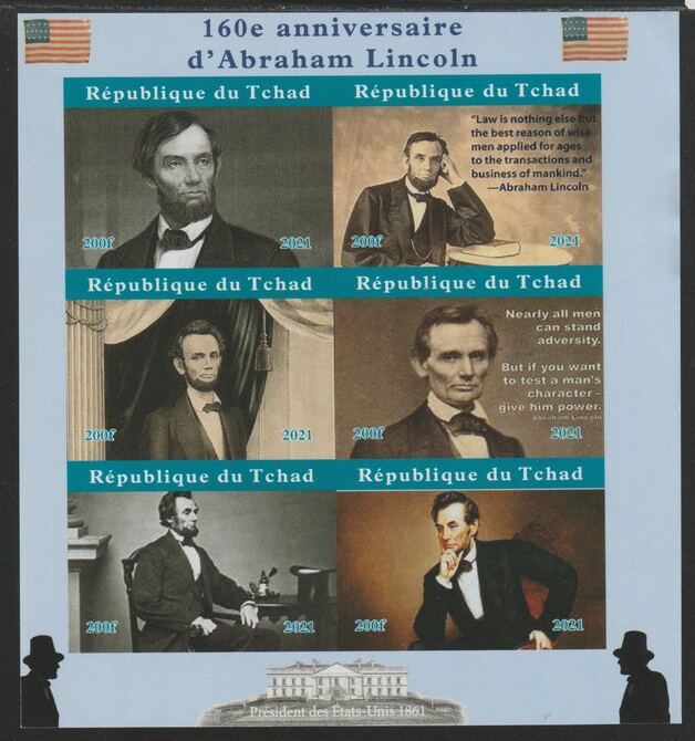Chad 2021 Abraham Lincoln 160th Birth Anniversary imperf sheetlet containing  set of 6 values unmounted mint, privately produced offered purely on its thematic appeal, stamps on , stamps on  stamps on personalities, stamps on  stamps on lincoln, stamps on  stamps on usa presidents, stamps on  stamps on 