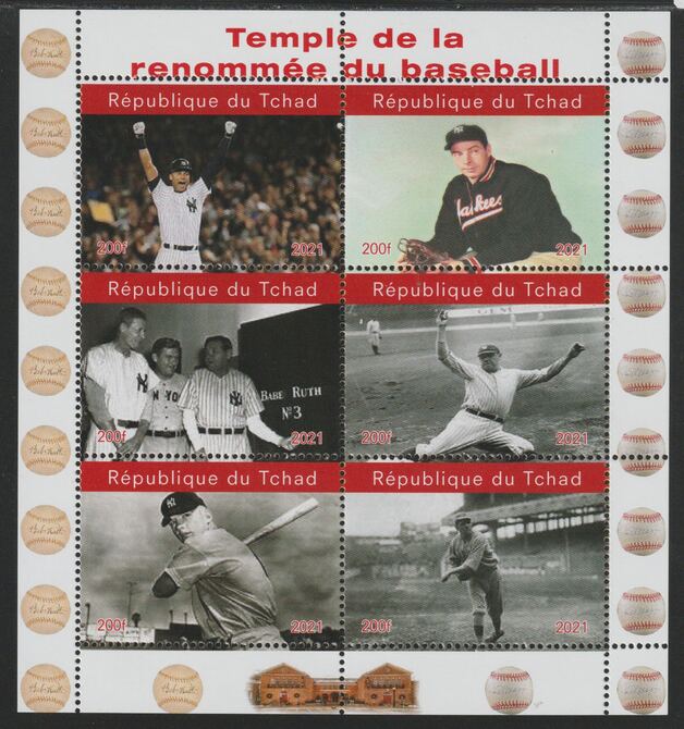 Chad 2021 Baseball Hall of Fame perf sheetlet containing  set of 6 values unmounted mint, privately produced offered purely on its thematic appeal, stamps on , stamps on  stamps on personalities, stamps on  stamps on sport, stamps on  stamps on baseball
