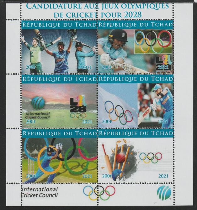 Chad 2021 Candidacy for 2028 Olympics - Cricket perf sheetlet containing  set of 6 values unmounted mint, privately produced offered purely on its thematic appeal, stamps on personalities, stamps on sport, stamps on olympics, stamps on cricket