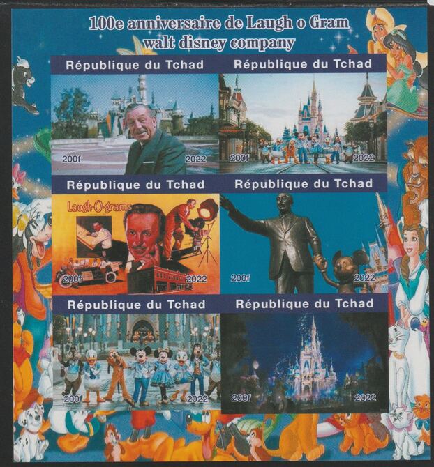 Chad 2022 Centenary of Walt Disney Company imperf sheetlet containing  set of 6 values unmounted mint, privately produced offered purely on its thematic appeal, stamps on personalities, stamps on disney, stamps on films, stamps on movies, stamps on cinema, stamps on statues