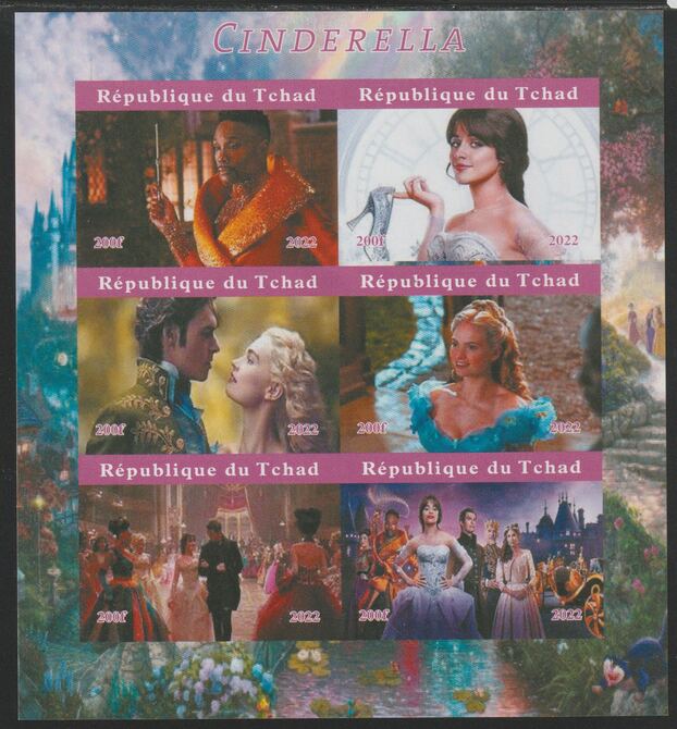 Chad 2022 Cinderella imperf sheetlet containing  set of 6 values unmounted mint, privately produced offered purely on its thematic appeal, stamps on cinderella, stamps on films, stamps on movies, stamps on cinema, stamps on 