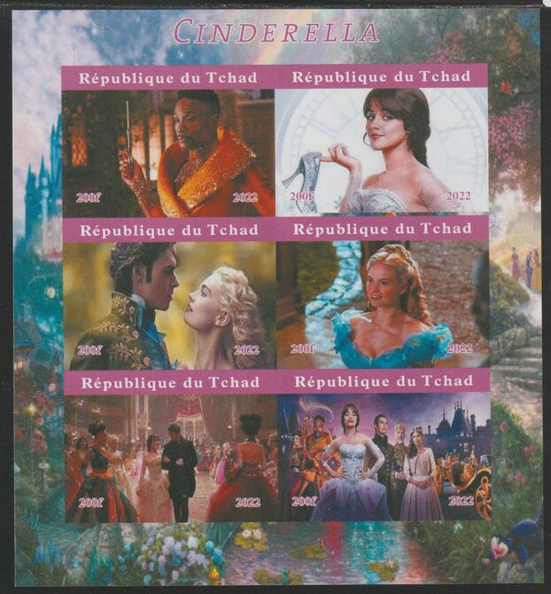 Chad 2022 Cinderella imperf sheetlet containing  set of 6 values unmounted mint, privately produced offered purely on its thematic appeal, stamps on , stamps on  stamps on cinderella, stamps on  stamps on films, stamps on  stamps on movies, stamps on  stamps on cinema, stamps on  stamps on 