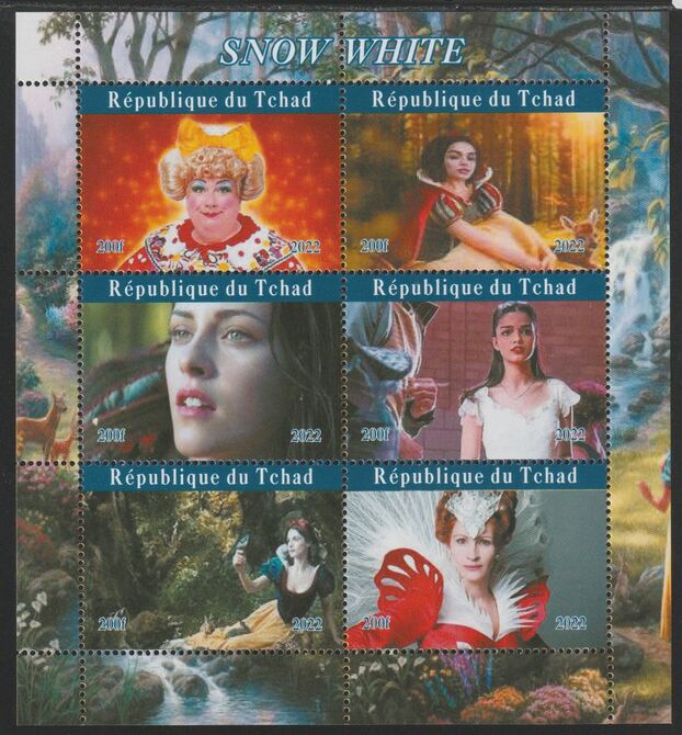 Chad 2022 Snow White perf sheetlet containing  set of 6 values unmounted mint, privately produced offered purely on its thematic appeal, stamps on snow white, stamps on films, stamps on movies, stamps on cinema, stamps on 