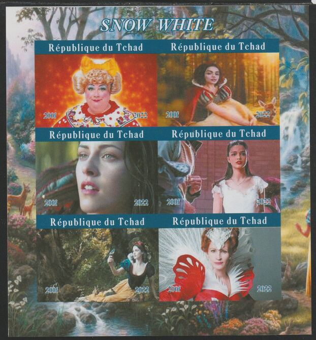 Chad 2022 Snow White imperf sheetlet containing  set of 6 values unmounted mint, privately produced offered purely on its thematic appeal, stamps on snow white, stamps on films, stamps on movies, stamps on cinema, stamps on 