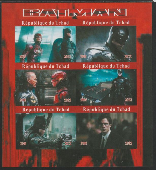 Chad 2022 Batman (TV Series) imperf sheetlet containing  set of 6 values unmounted mint, privately produced offered purely on its thematic appeal, stamps on , stamps on  tv , stamps on films, stamps on movies, stamps on cinema, stamps on sci-fi, stamps on batman, stamps on 