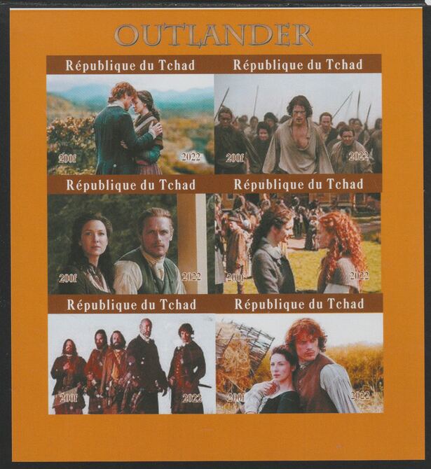 Chad 2022 Outlander (TV Series) imperf sheetlet containing  set of 6 values unmounted mint, privately produced offered purely on its thematic appeal, stamps on , stamps on  tv , stamps on films, stamps on movies, stamps on cinema, stamps on outlander