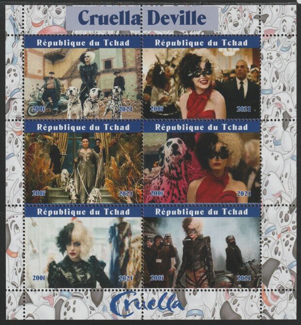 Chad 2021 Cruella de Vil perf sheetlet containing  set of 6 values unmounted mint, privately produced offered purely on its thematic appeal, stamps on personalities, stamps on disney, stamps on films, stamps on movies, stamps on cinema, stamps on statues