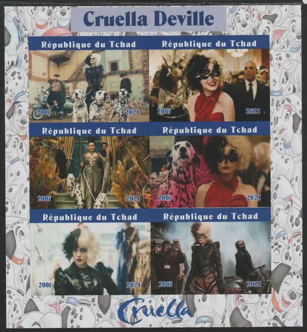 Chad 2021 Cruella de Vil imperf sheetlet containing  set of 6 values unmounted mint, privately produced offered purely on its thematic appeal, stamps on , stamps on  stamps on personalities, stamps on  stamps on disney, stamps on  stamps on films, stamps on  stamps on movies, stamps on  stamps on cinema, stamps on  stamps on statues