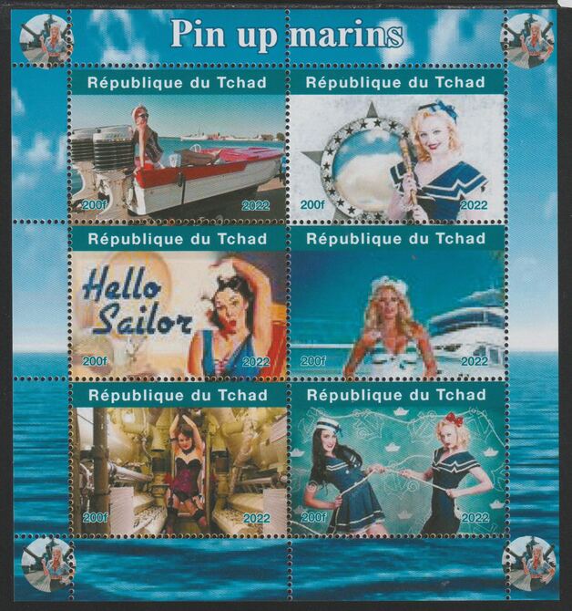 Chad 2022 Sailors Pin Ups perf sheetlet containing  set of 6 values unmounted mint, privately produced offered purely on its thematic appeal, stamps on personalities, stamps on pin ups, stamps on arts, stamps on 