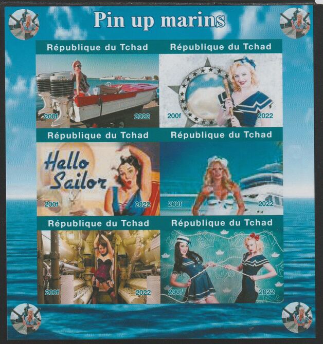 Chad 2022 Sailors' Pin Ups imperf sheetlet containing  set of 6 values unmounted mint, privately produced offered purely on its thematic appeal, stamps on , stamps on  stamps on personalities, stamps on  stamps on pin ups, stamps on  stamps on arts, stamps on  stamps on 