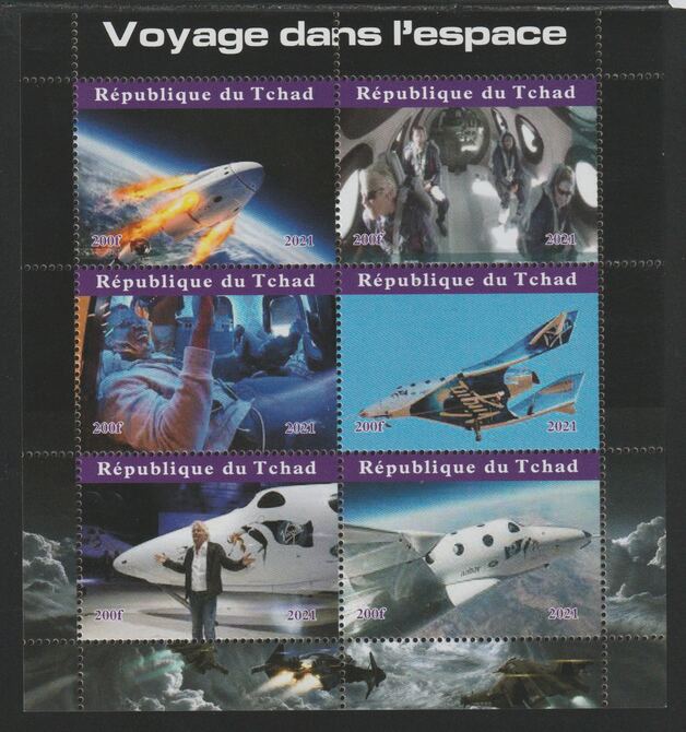 Chad 2021 Space Travel perf sheetlet containing  set of 6 values unmounted mint, privately produced offered purely on its thematic appeal, stamps on , stamps on  stamps on space, stamps on  stamps on rockets