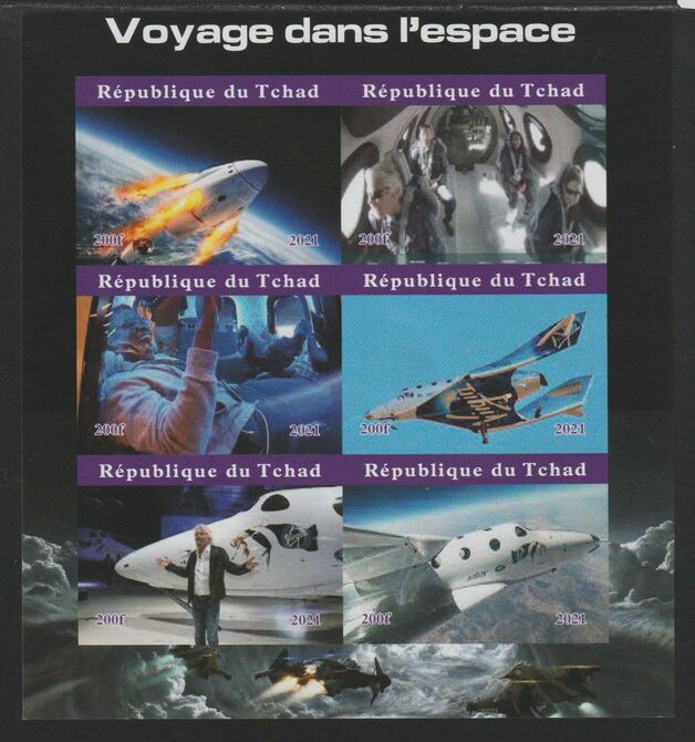 Chad 2021 Space Travel imperf sheetlet containing  set of 6 values unmounted mint, privately produced offered purely on its thematic appeal, stamps on , stamps on  stamps on space, stamps on  stamps on rockets