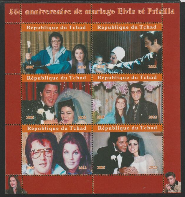 Chad 2022 55th Anniversary of Wedding of Elvis & Priscilla perf sheetlet containing  set of 6 values unmounted mint, privately produced offered purely on its thematic appeal, stamps on personalities, stamps on elvis, stamps on rock, stamps on music