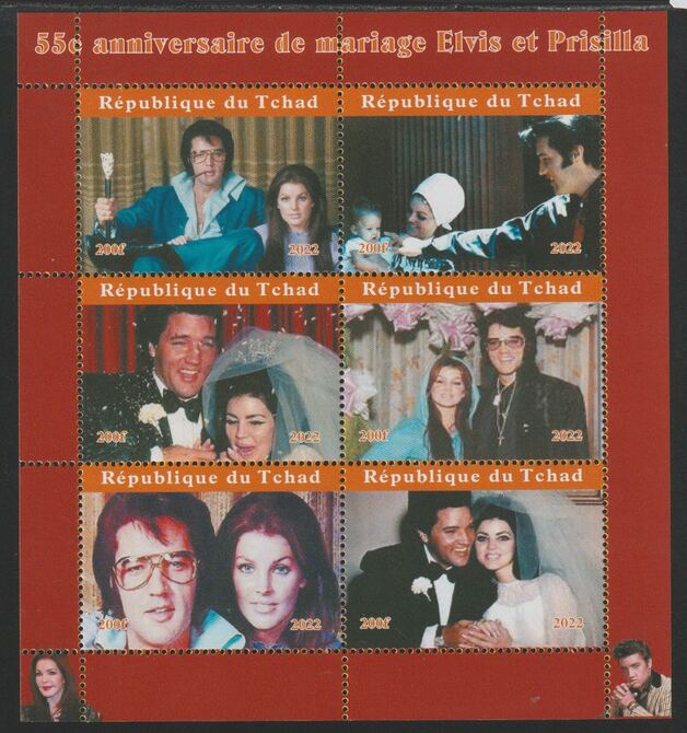 Chad 2022 55th Anniversary of Wedding of Elvis & Priscilla perf sheetlet containing  set of 6 values unmounted mint, privately produced offered purely on its thematic appeal, stamps on , stamps on  stamps on personalities, stamps on  stamps on elvis, stamps on  stamps on rock, stamps on  stamps on music