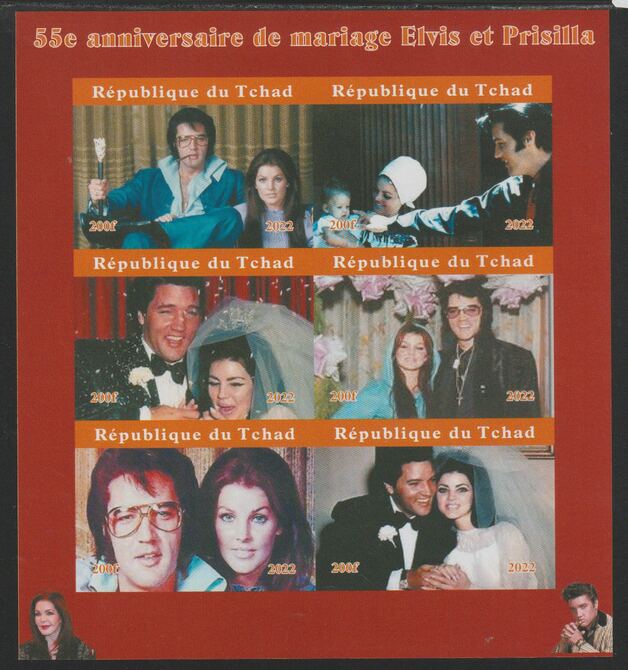 Chad 2022 55th Anniversary of Wedding of Elvis & Priscilla imperf sheetlet containing  set of 6 values unmounted mint, privately produced offered purely on its thematic appeal, stamps on personalities, stamps on elvis, stamps on rock, stamps on music
