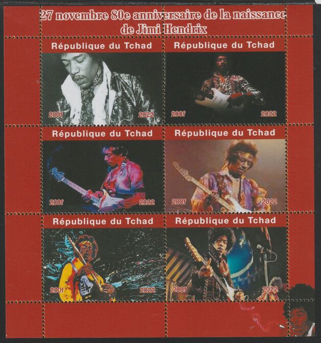 Chad 2022 80th Anniversary of Birth of Jimi Hendrix perf sheetlet containing  set of 6 values unmounted mint, privately produced offered purely on its thematic appeal, stamps on , stamps on  stamps on personalities, stamps on  stamps on rock, stamps on  stamps on music, stamps on  stamps on hendrix