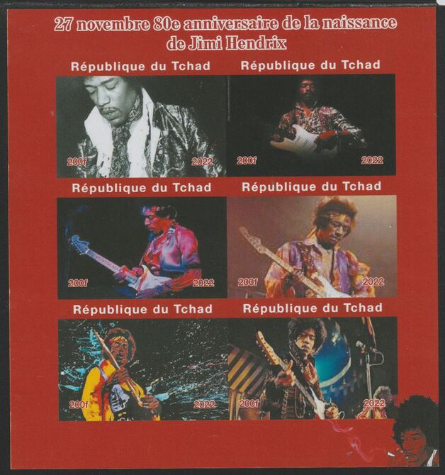 Chad 2022 80th Anniversary of Birth of Jimi Hendrix imperf sheetlet containing  set of 6 values unmounted mint, privately produced offered purely on its thematic appeal, stamps on , stamps on  stamps on personalities, stamps on  stamps on rock, stamps on  stamps on music, stamps on  stamps on hendrix