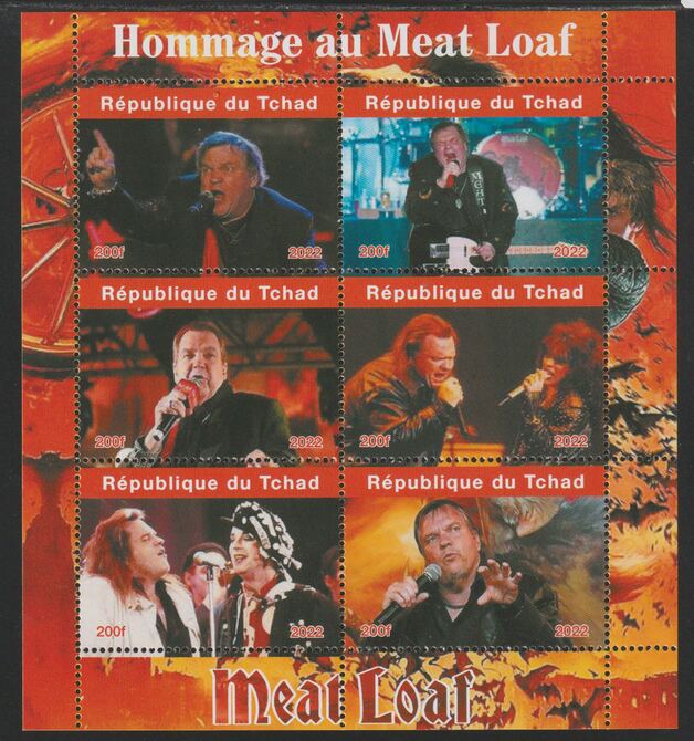 Chad 2022 Tribute to Meatloaf perf sheetlet containing  set of 6 values unmounted mint, privately produced offered purely on its thematic appeal, stamps on , stamps on  stamps on personalities, stamps on  stamps on rock, stamps on  stamps on music, stamps on  stamps on meatloaf