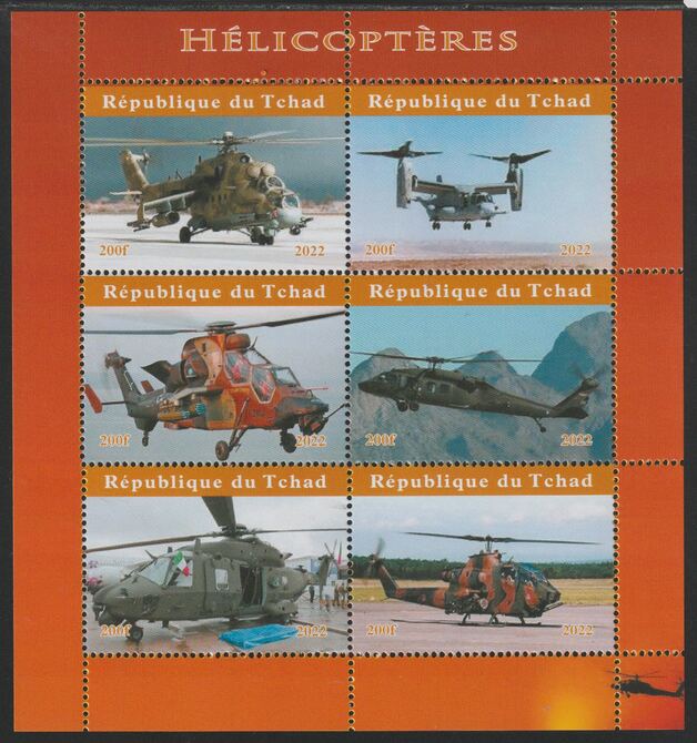 Chad 2022 Helicopters perf sheetlet containing  set of 6 values unmounted mint, privately produced offered purely on its thematic appeal, stamps on , stamps on  stamps on aviation, stamps on  stamps on helicopters