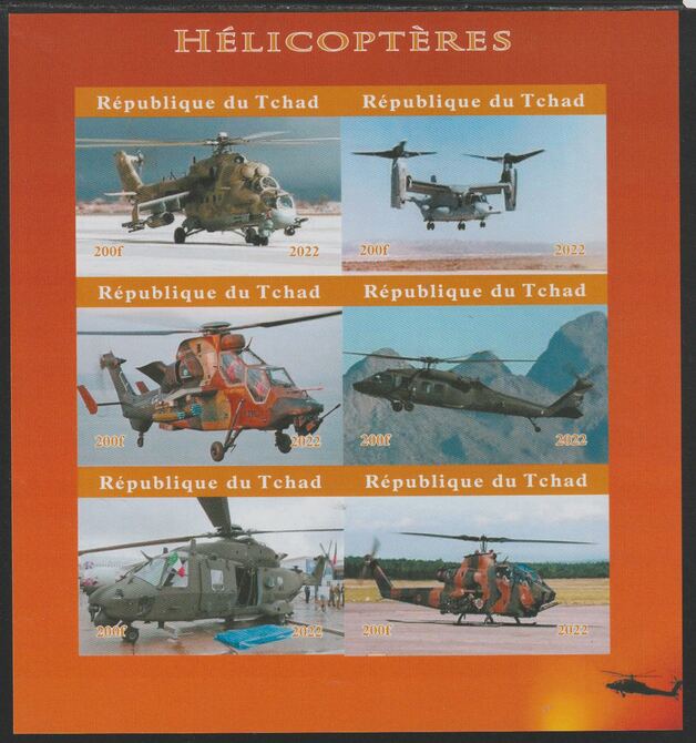 Chad 2022 Helicopters imperf sheetlet containing  set of 6 values unmounted mint, privately produced offered purely on its thematic appeal, stamps on , stamps on  stamps on aviation, stamps on  stamps on helicopters
