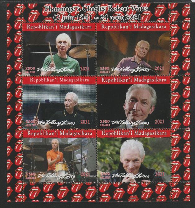 Madagascar 2021 Tribute to Charlie Watts perf sheetlet containing  set of 6 values unmounted mint, privately produced offered purely on its thematic appeal, stamps on personalities, stamps on rock, stamps on music, stamps on rolling stones