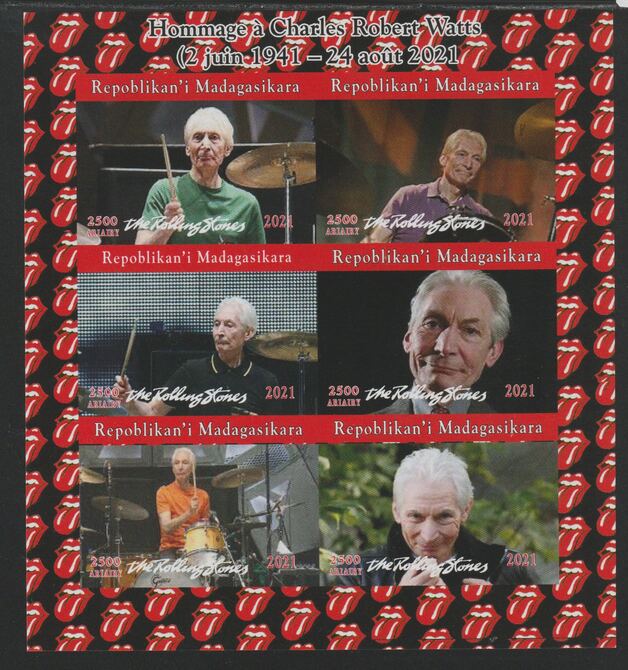 Madagascar 2021 Tribute to Charlie Watts imperf sheetlet containing  set of 6 values unmounted mint, privately produced offered purely on its thematic appeal, stamps on , stamps on  stamps on personalities, stamps on  stamps on rock, stamps on  stamps on music, stamps on  stamps on rolling stones