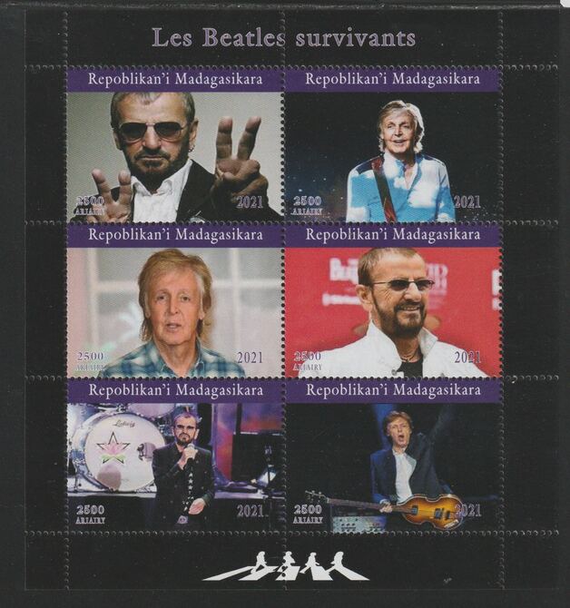 Madagascar 2021 The Surviving Beatles perf sheetlet containing  set of 6 values unmounted mint, privately produced offered purely on its thematic appeal, stamps on , stamps on  stamps on personalities, stamps on  stamps on rock, stamps on  stamps on music, stamps on  stamps on beatles