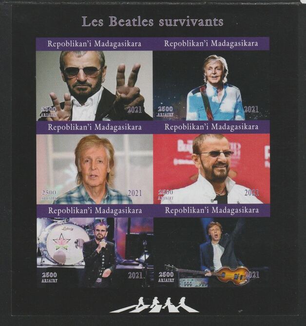 Madagascar 2021 The Surviving Beatles imperf sheetlet containing  set of 6 values unmounted mint, privately produced offered purely on its thematic appeal, stamps on personalities, stamps on rock, stamps on music, stamps on beatles